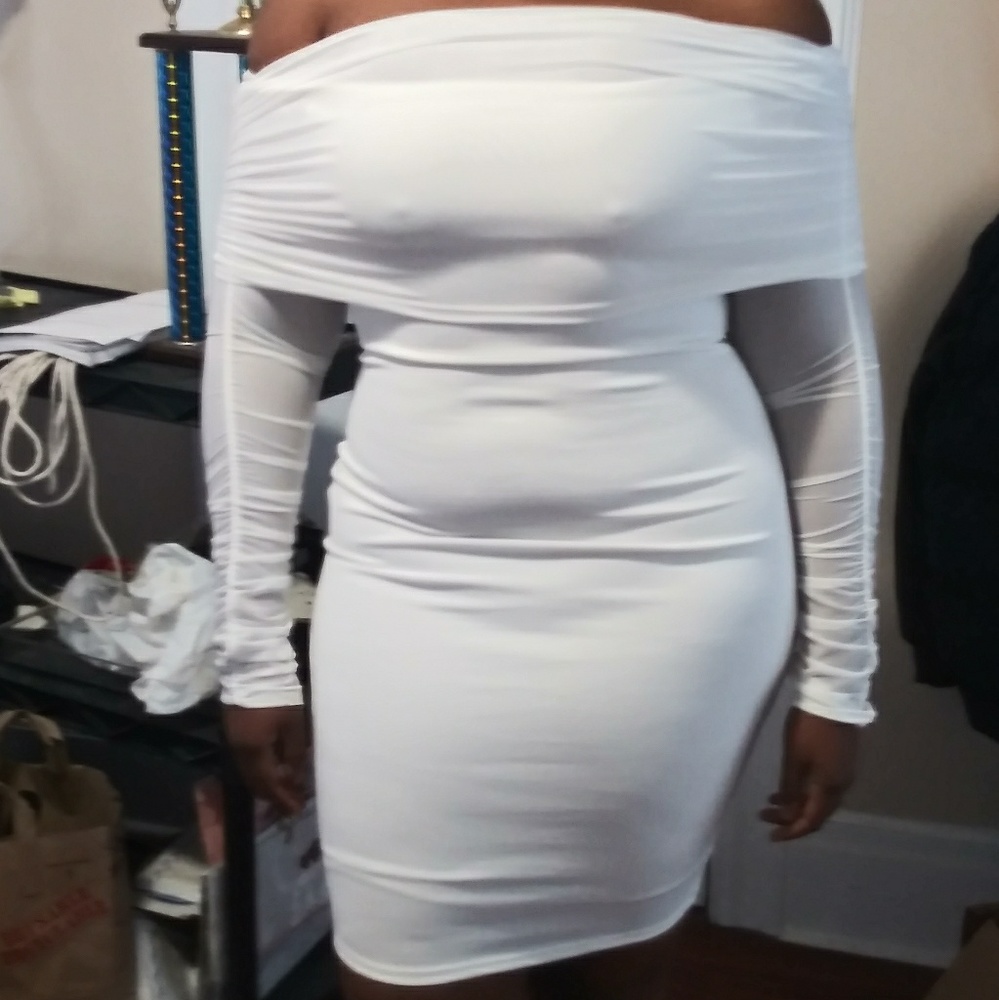 All white off the shoulder midi dress